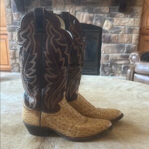 Justin Cowboy Boots Ostrich Brown and Tan Heeled Boots